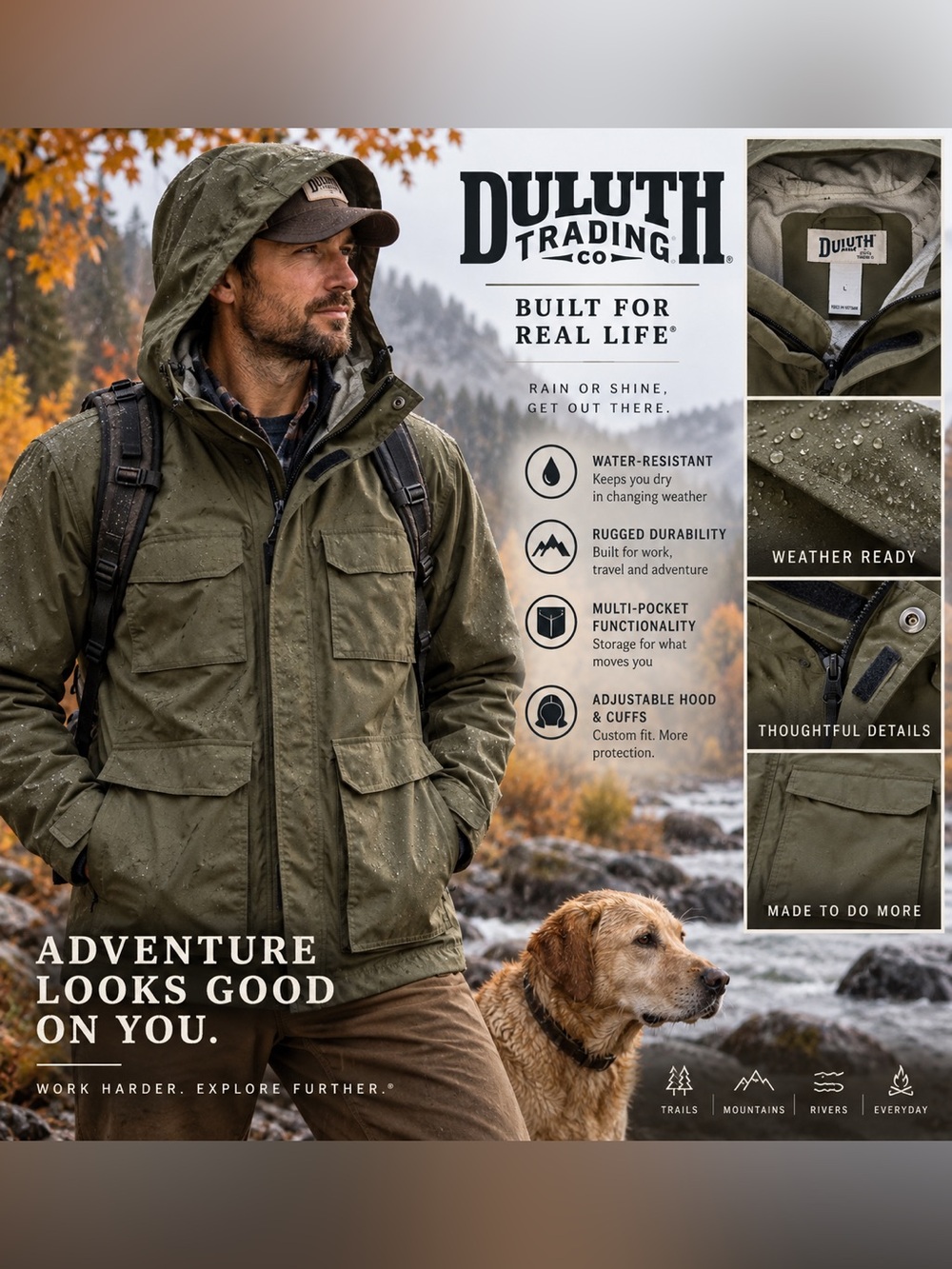 Duluth Trading Men’s L Olive Waterproof Rain Jacket Hooded Utility Field Coat